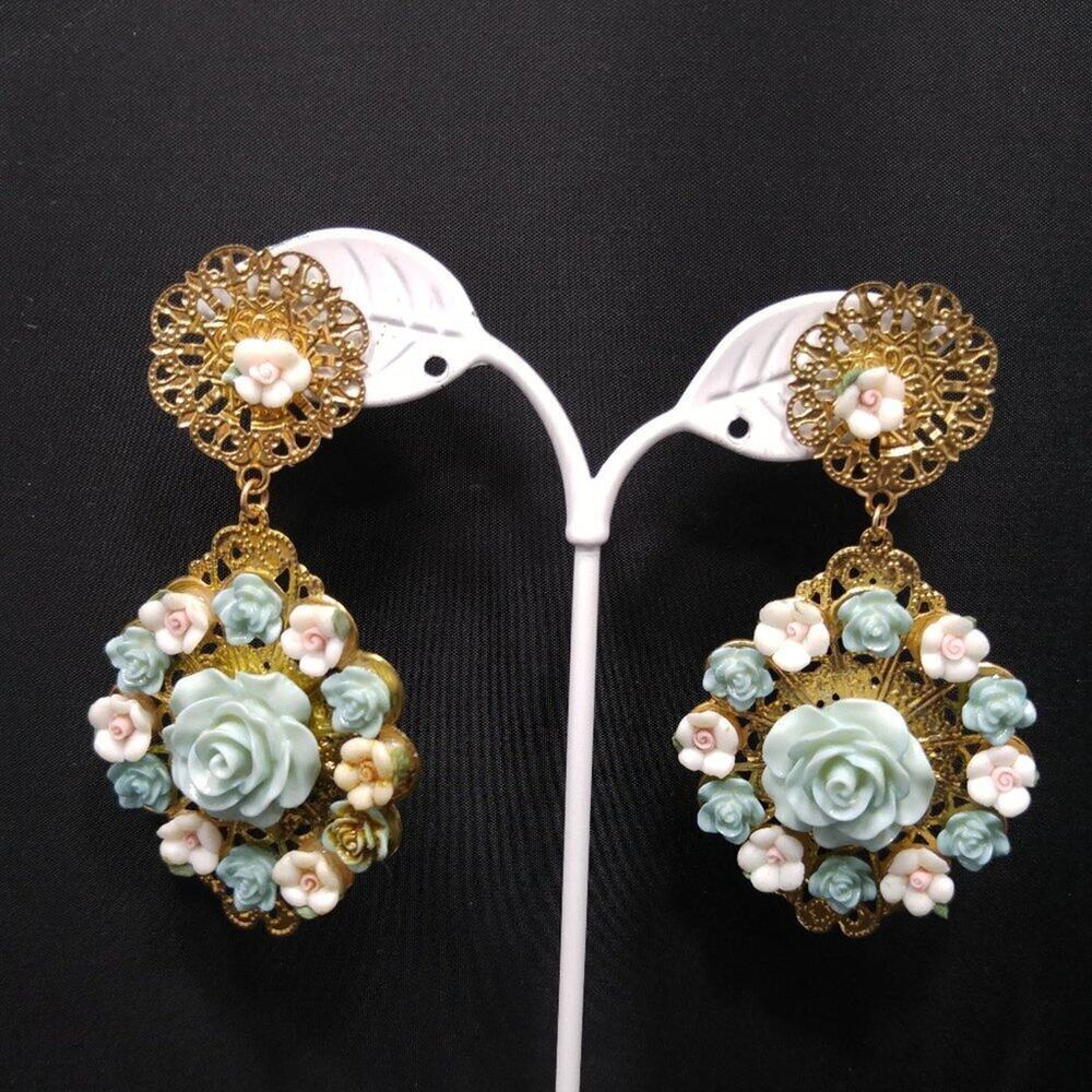 Vintage Floral Filigree Gold Post Dangle Earrings, Pink Blue Flowers, 3 Inches